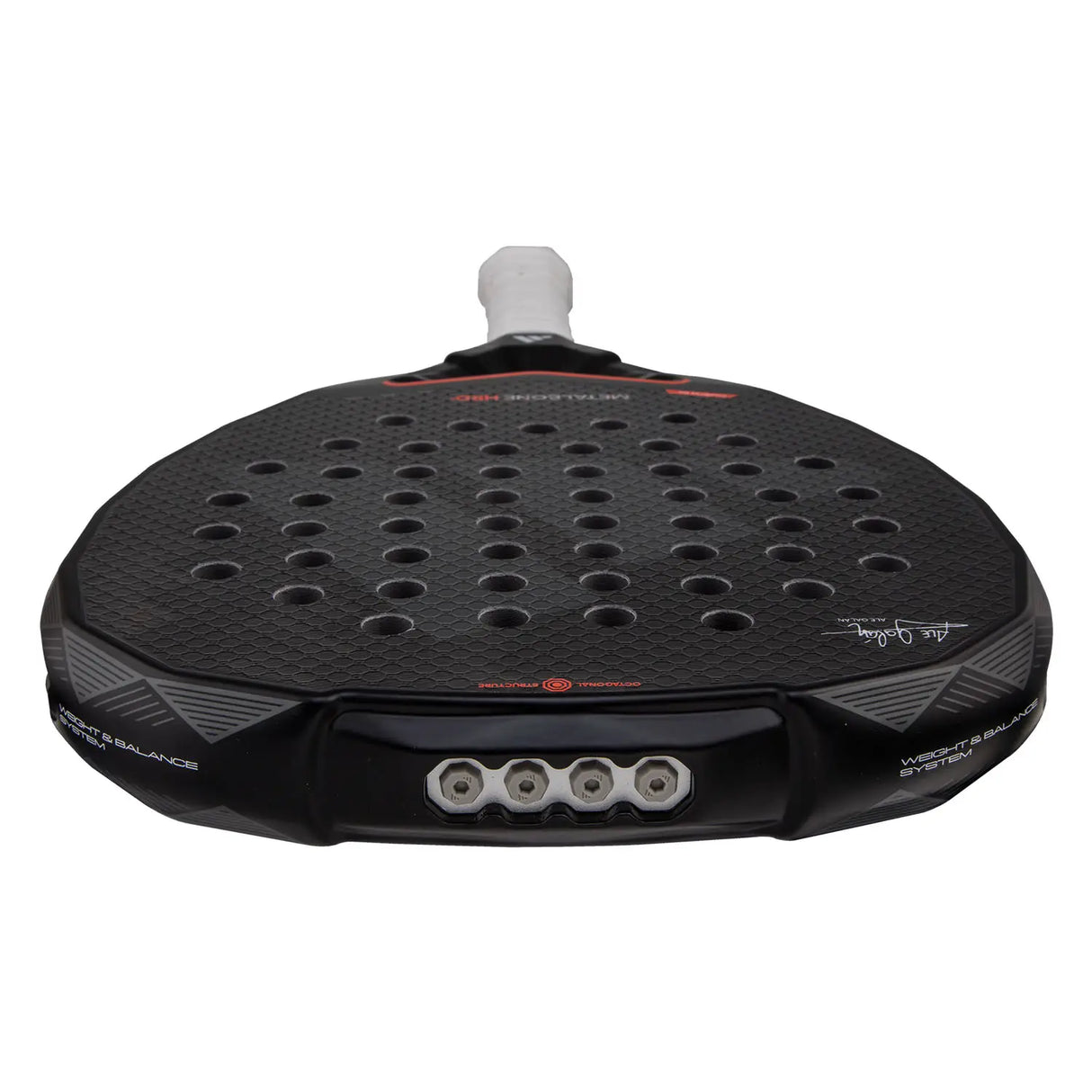 Black paddle with perforated design on a white background