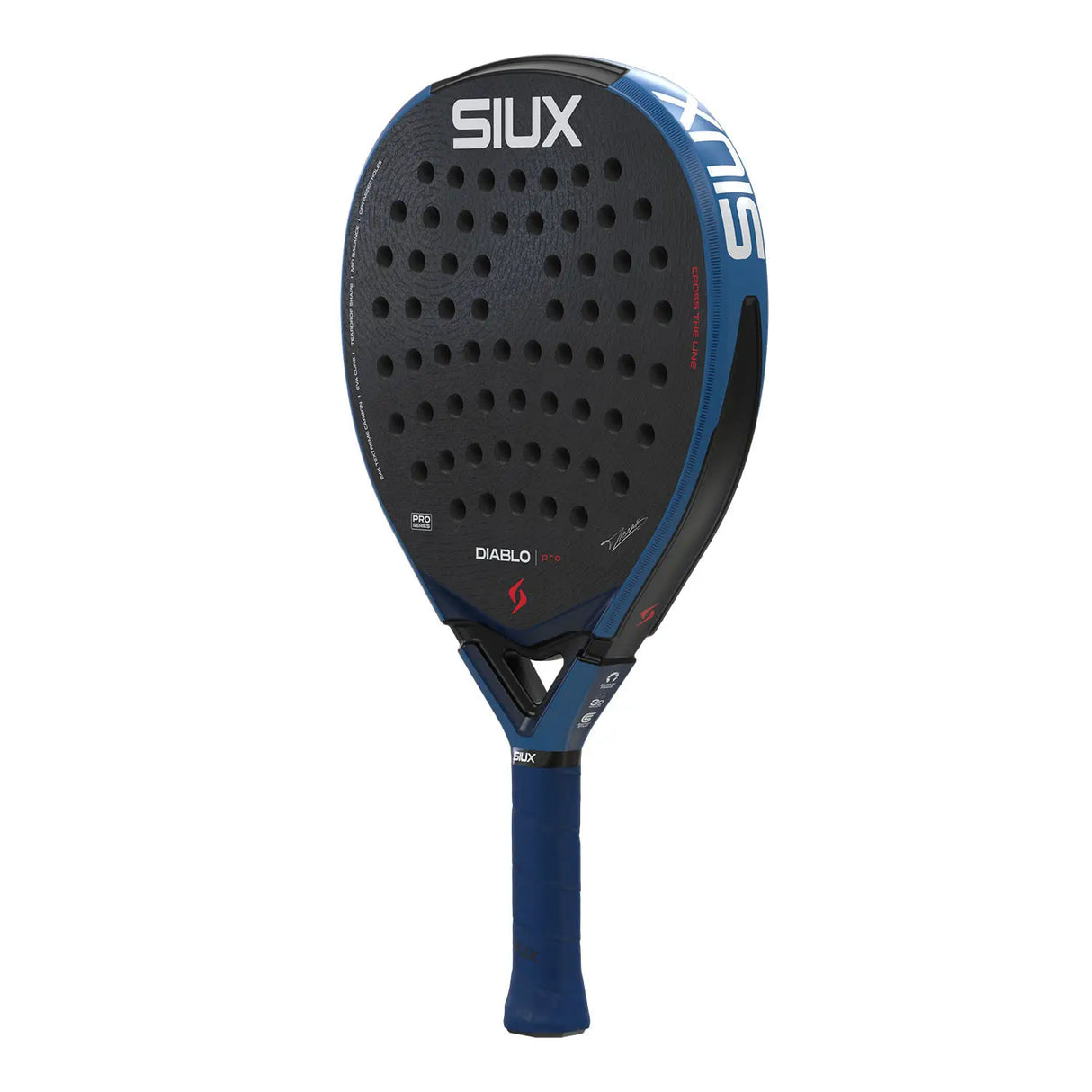 Padel racket with black and blue design on a white background