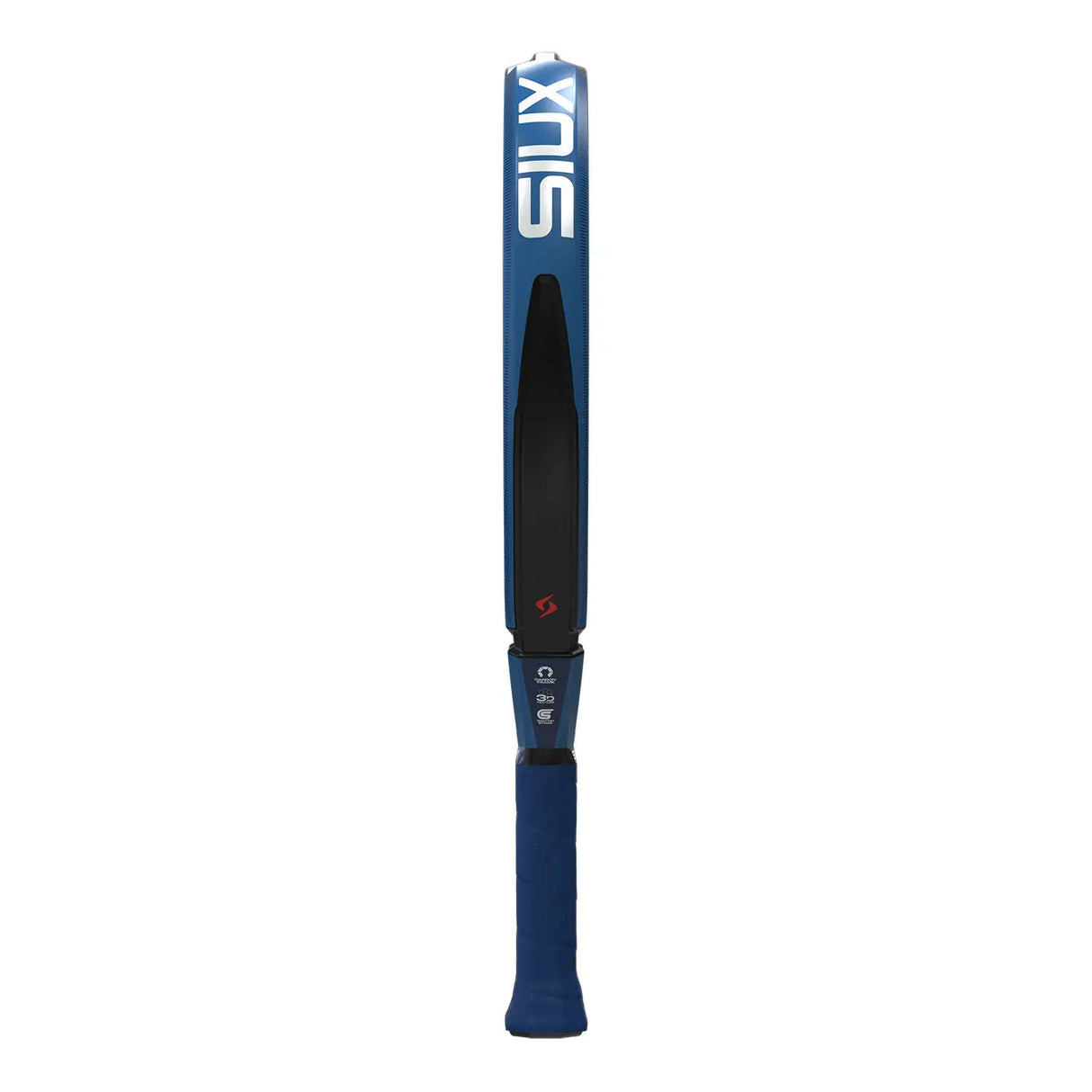 Blue and black Padel racket on a white background
