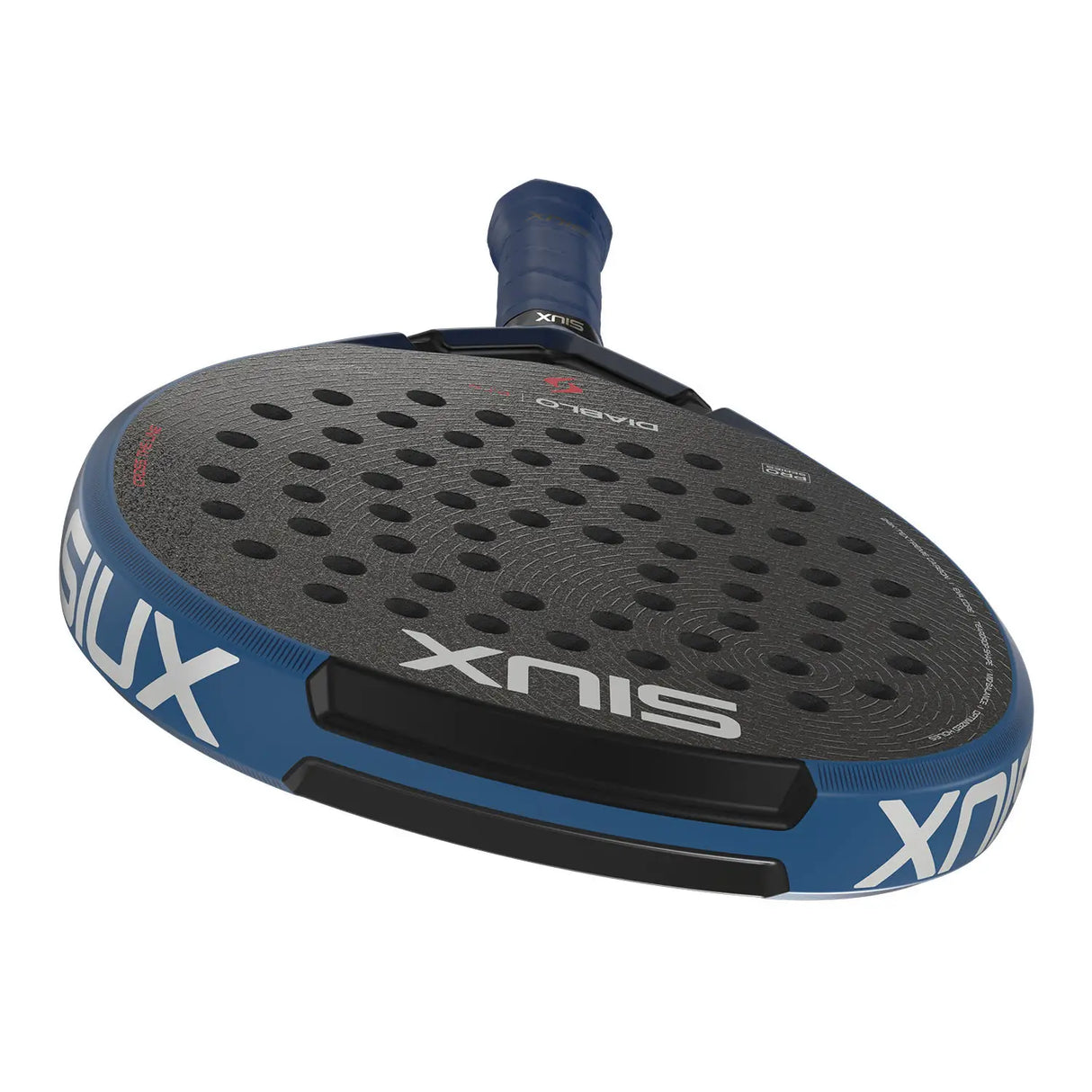 Blue and black Sux padel racket on a white background