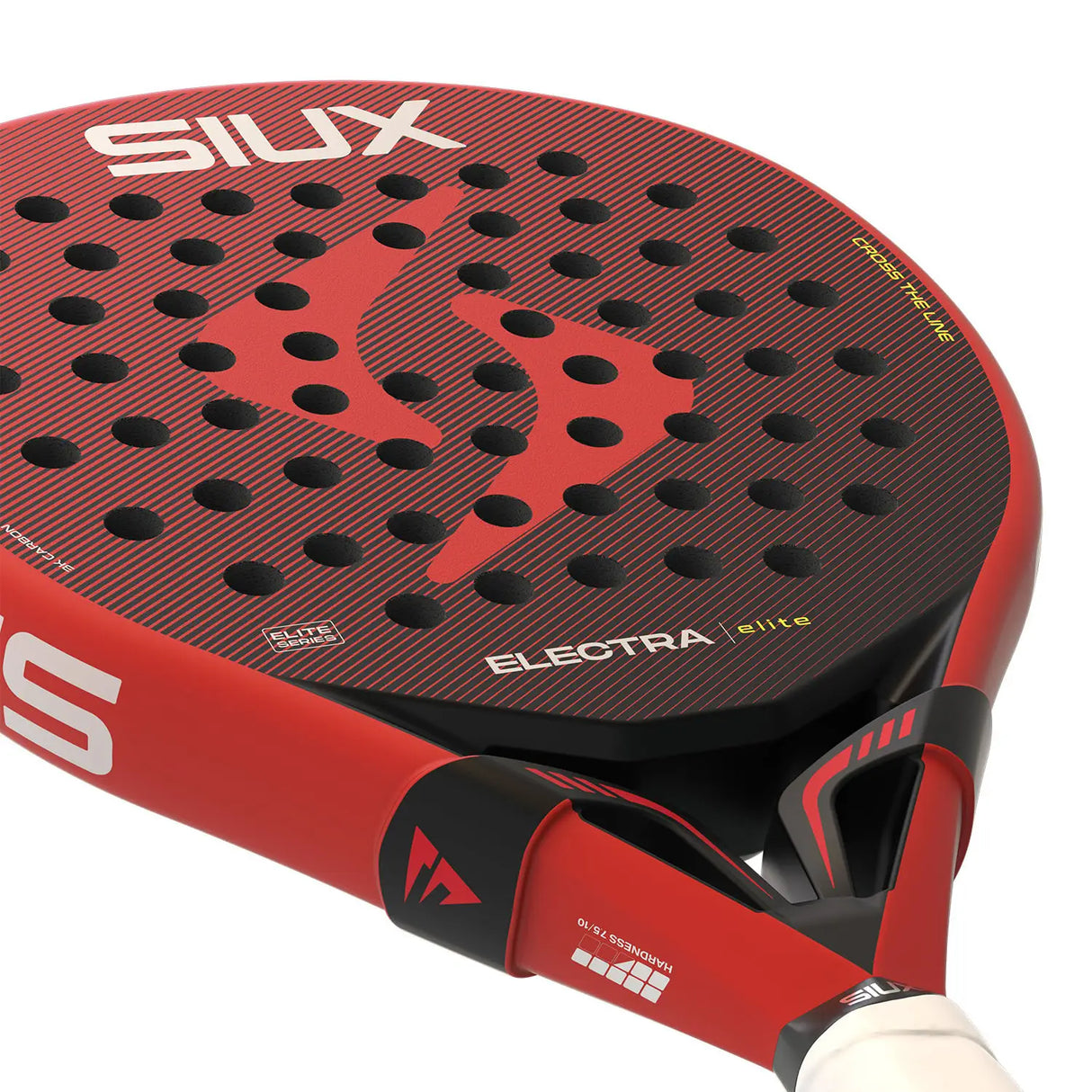 Red and black sports racket with 'Siux' branding on a white background