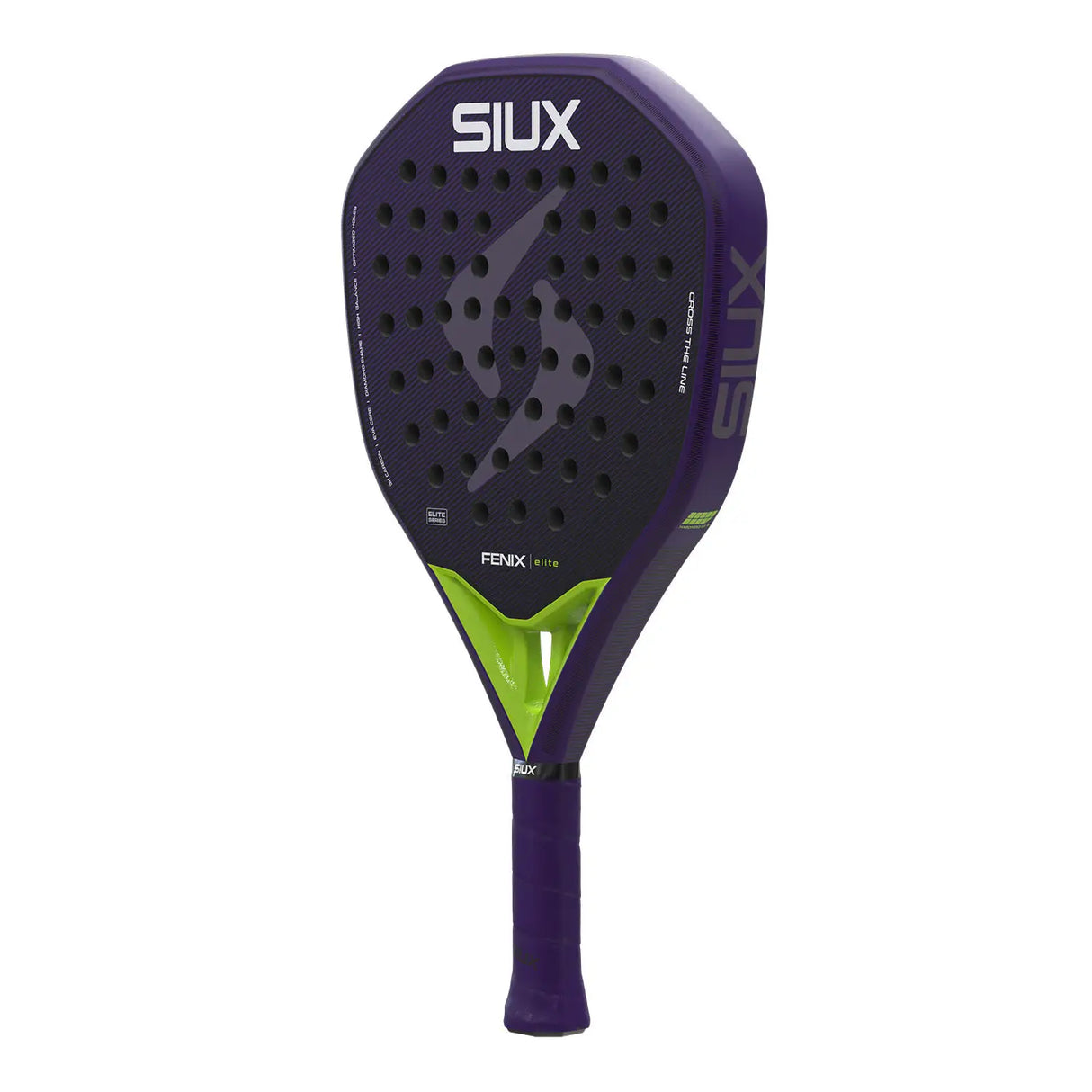 Purple SIUX tennis racket on a white background
