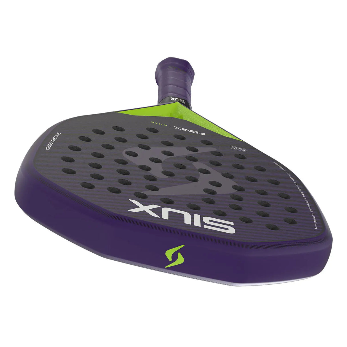 Purple and green sports paddle with brand logo on a white background