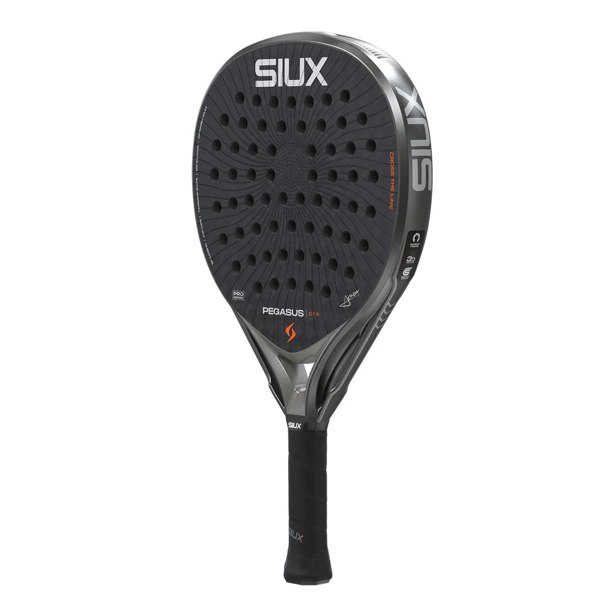 Black SIUX tennis racket on a white background