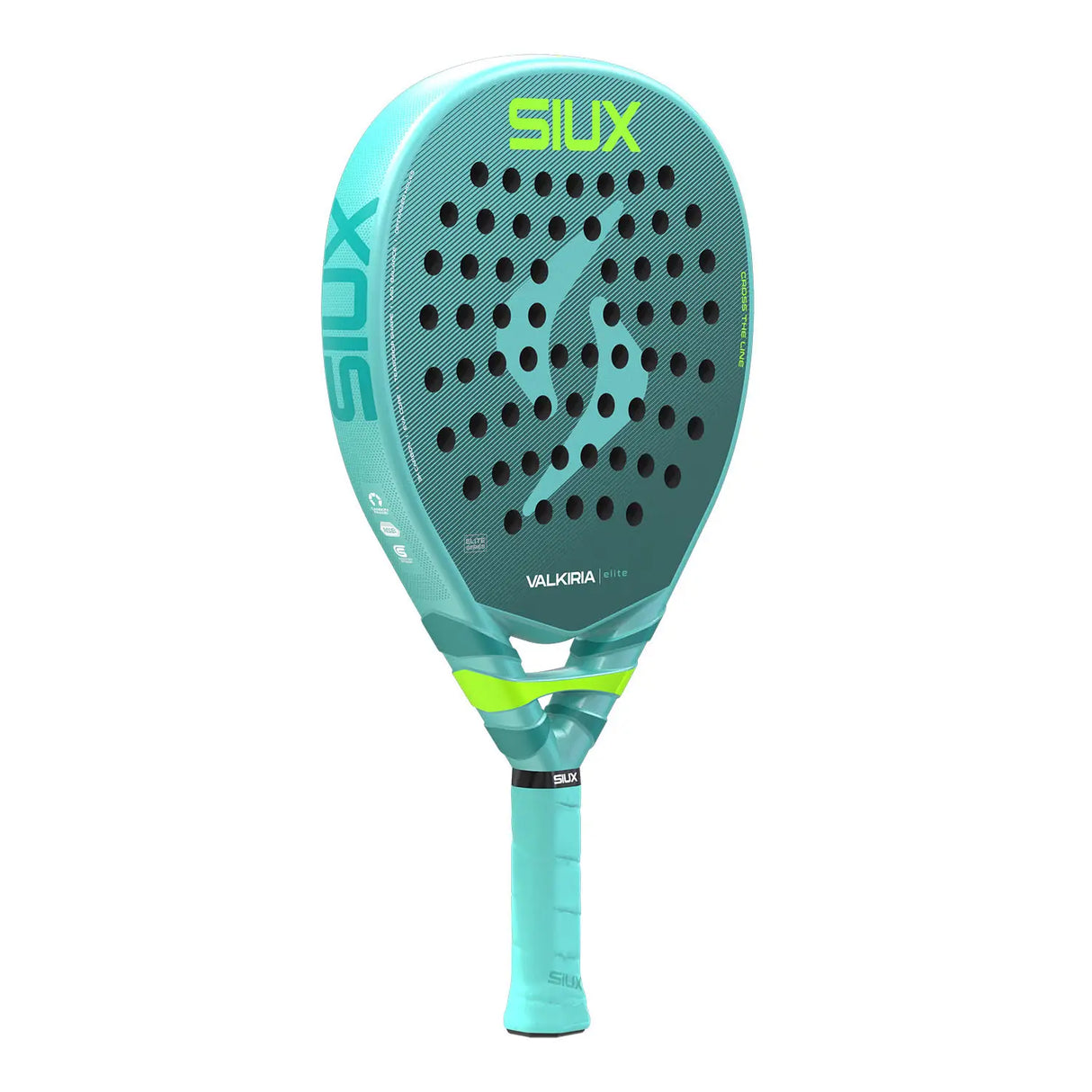 Turquoise and green Siux paddle racket on a white background