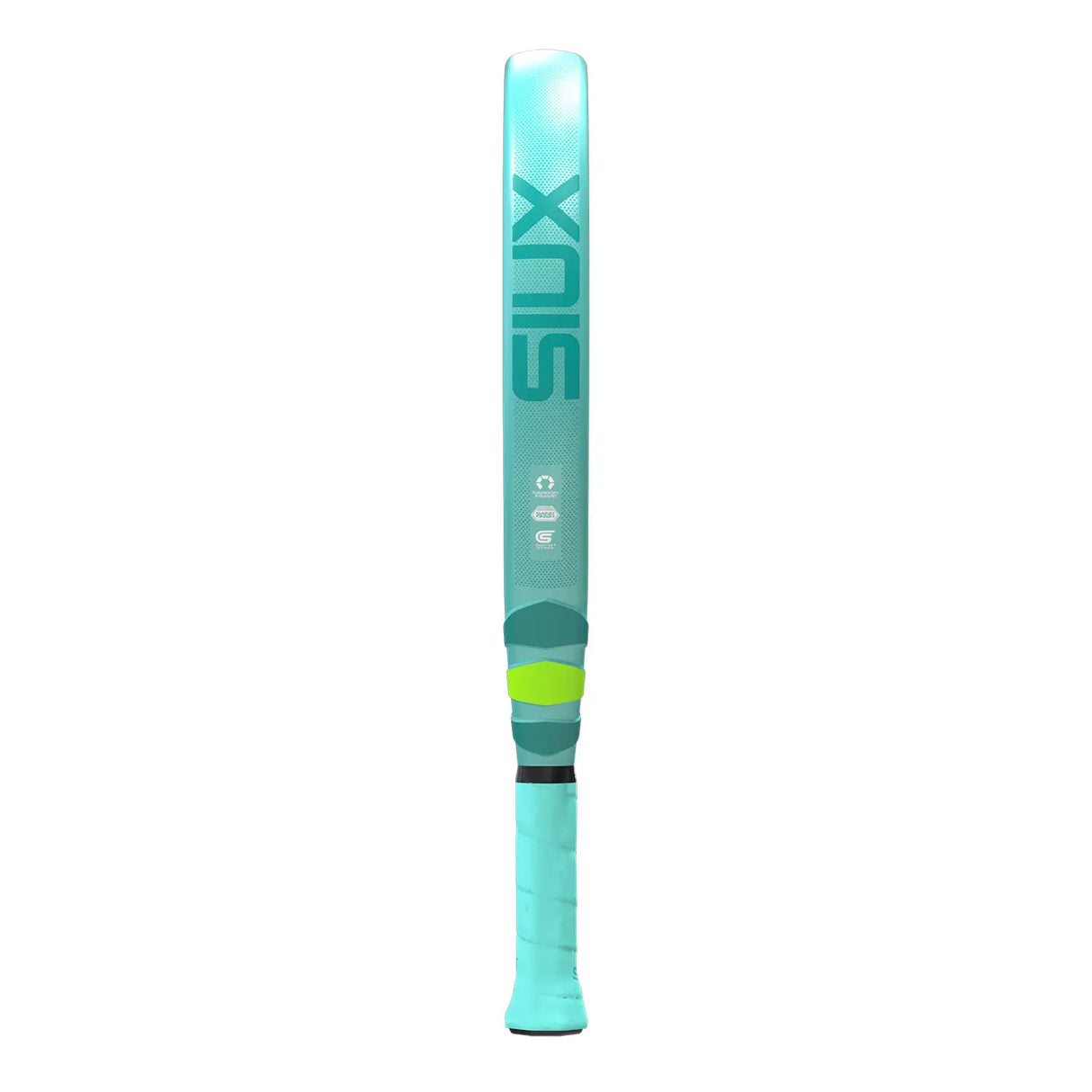 Teal and green Padel racket with 'Siux' branding on a white background