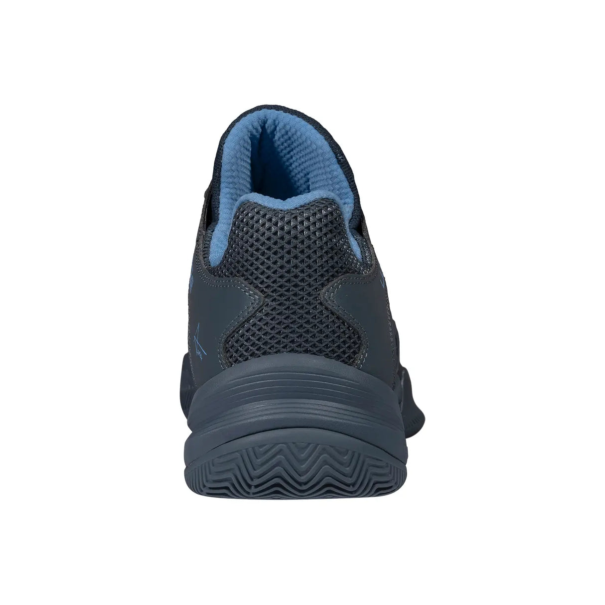 Black athletic shoe with blue lining on a white background