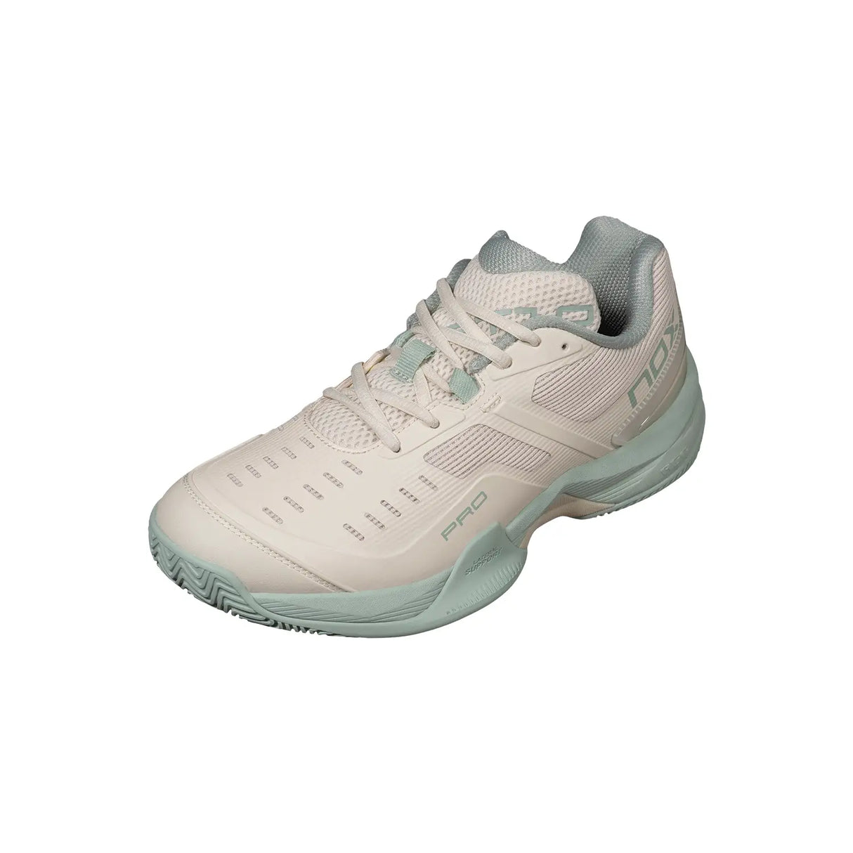 White and light blue tennis shoe on a white background
