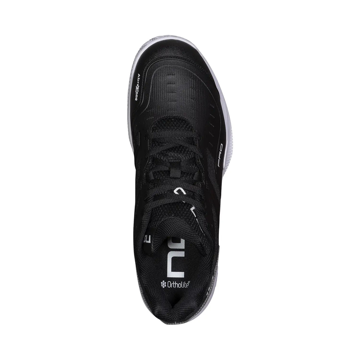 Black athletic shoe with white sole on a white background