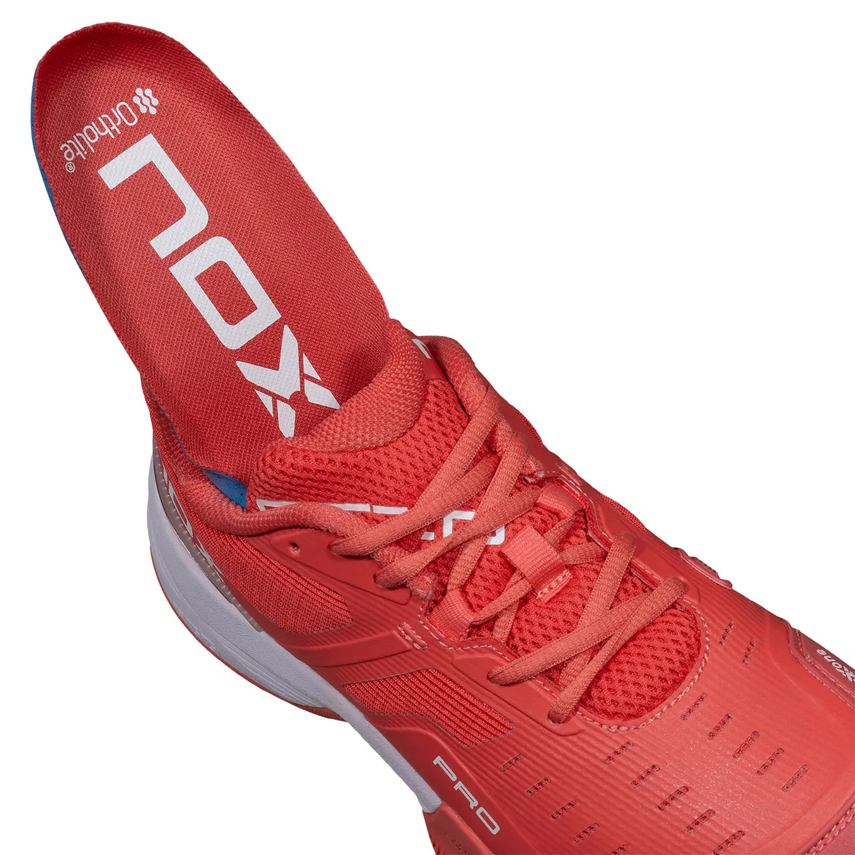 Red athletic shoe with 'On' branding on a white background