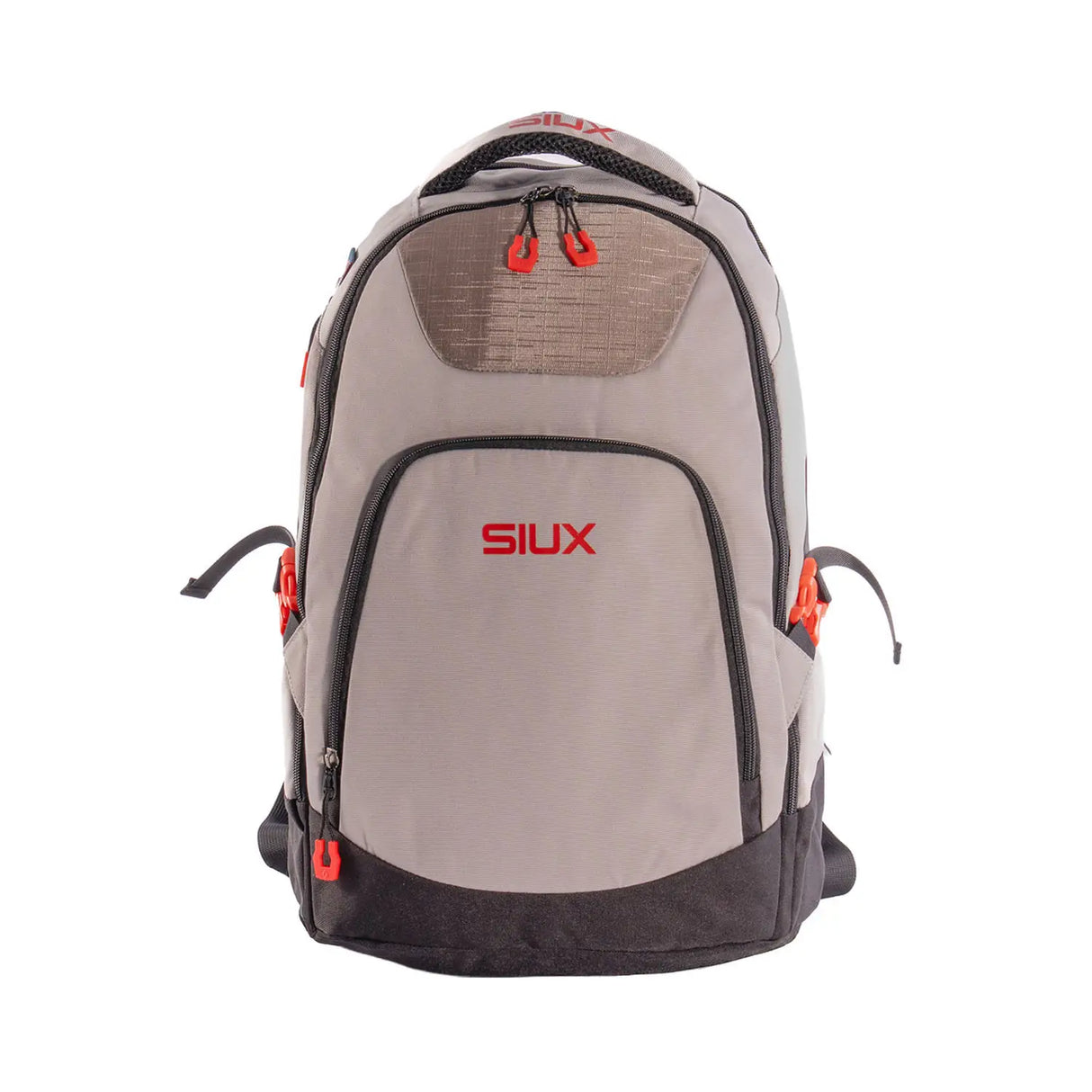 Gray and black backpack with red accents and 'SIUX' branding on a white background