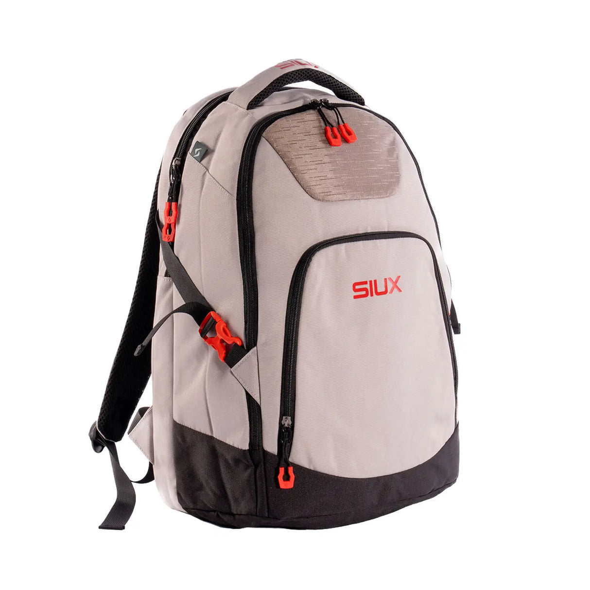 Gray backpack with red accents and 'SIUX' branding on a white background