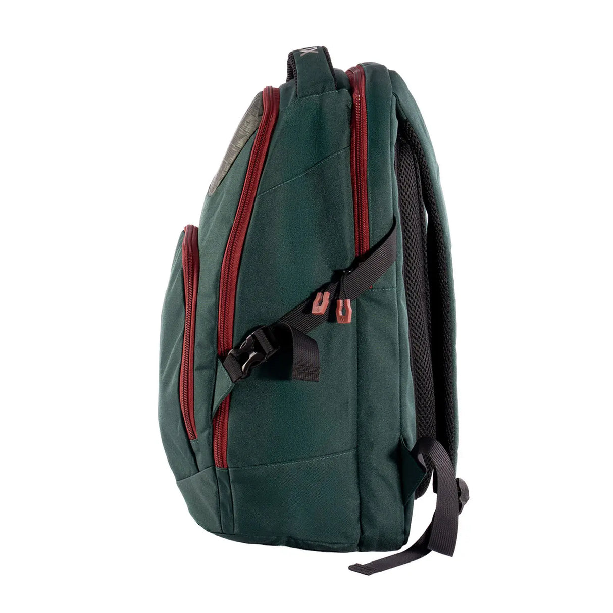 Green backpack with red zippers on a white background