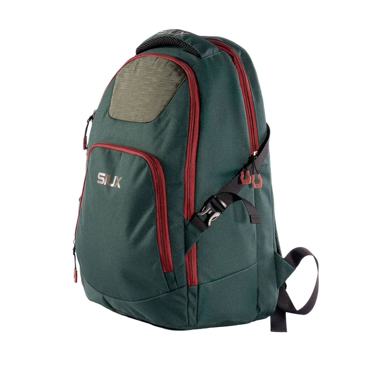 Green backpack with red accents on a white background