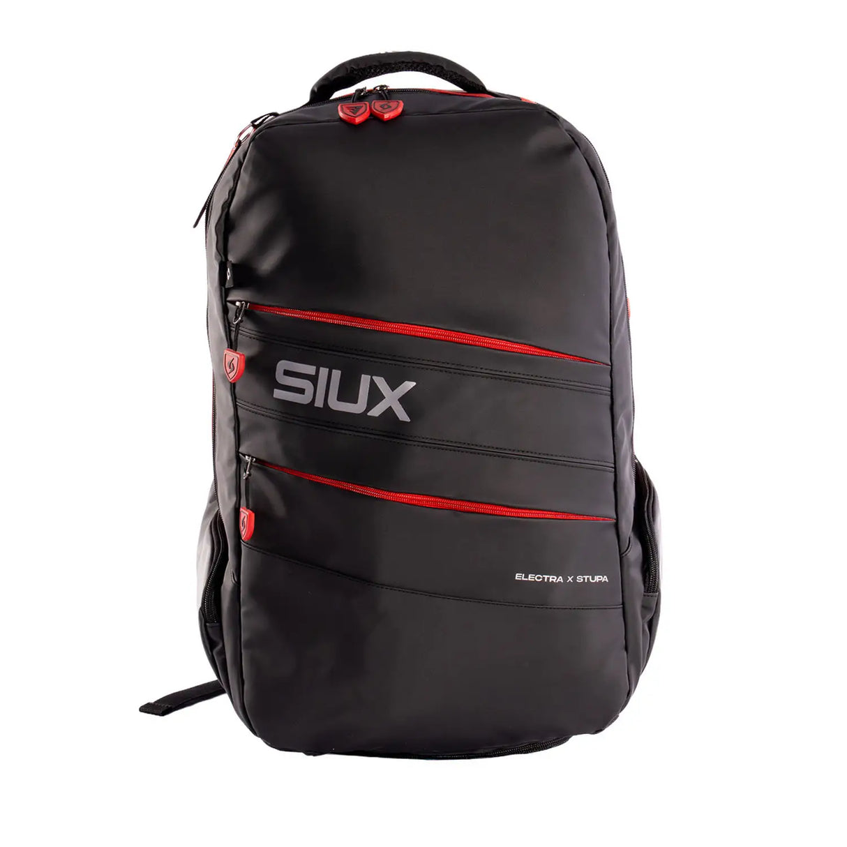 Black backpack with red accents and 'SIUX' branding on a white background