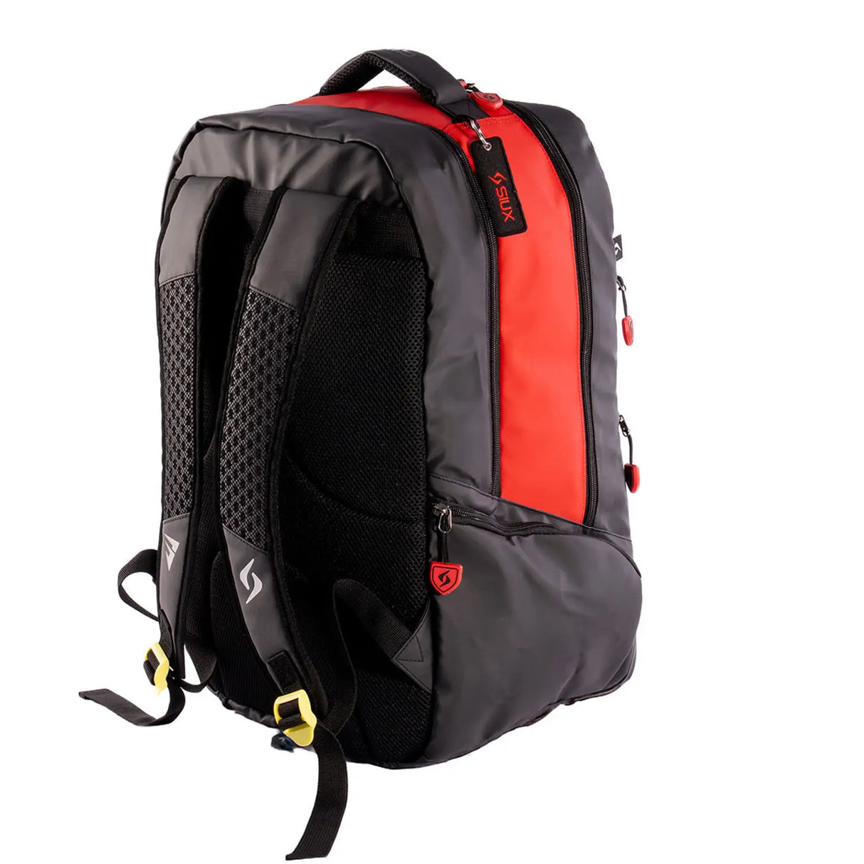 Gray and red backpack on a white background