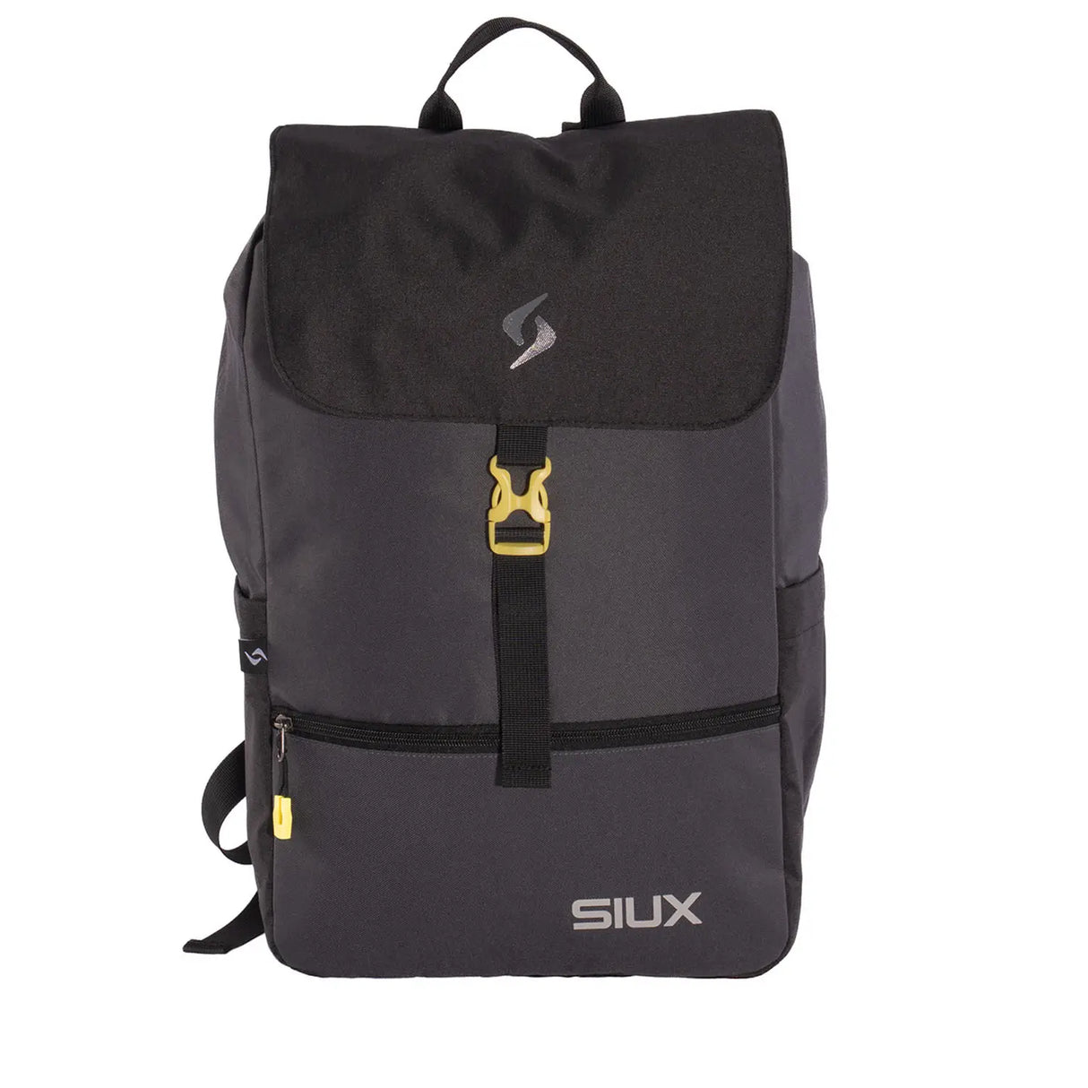 Black and gray backpack with yellow accents on a white background