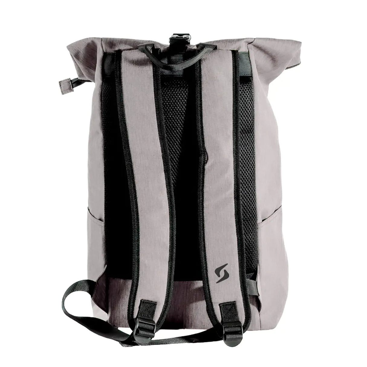 Gray backpack with black straps on a white background