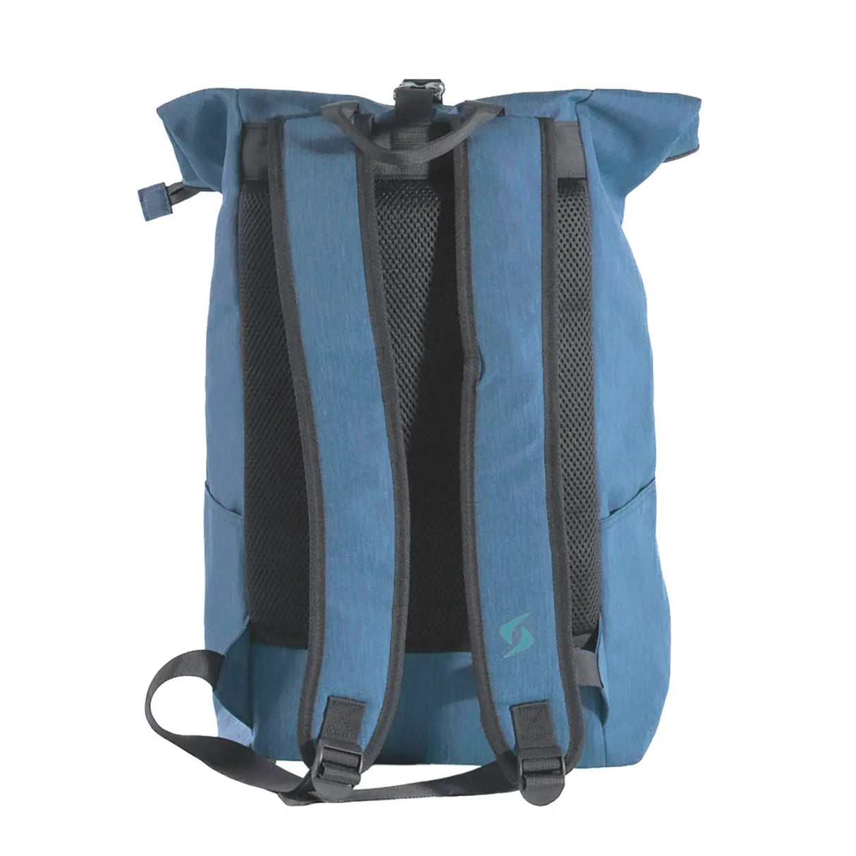 Blue backpack with black straps on a white background