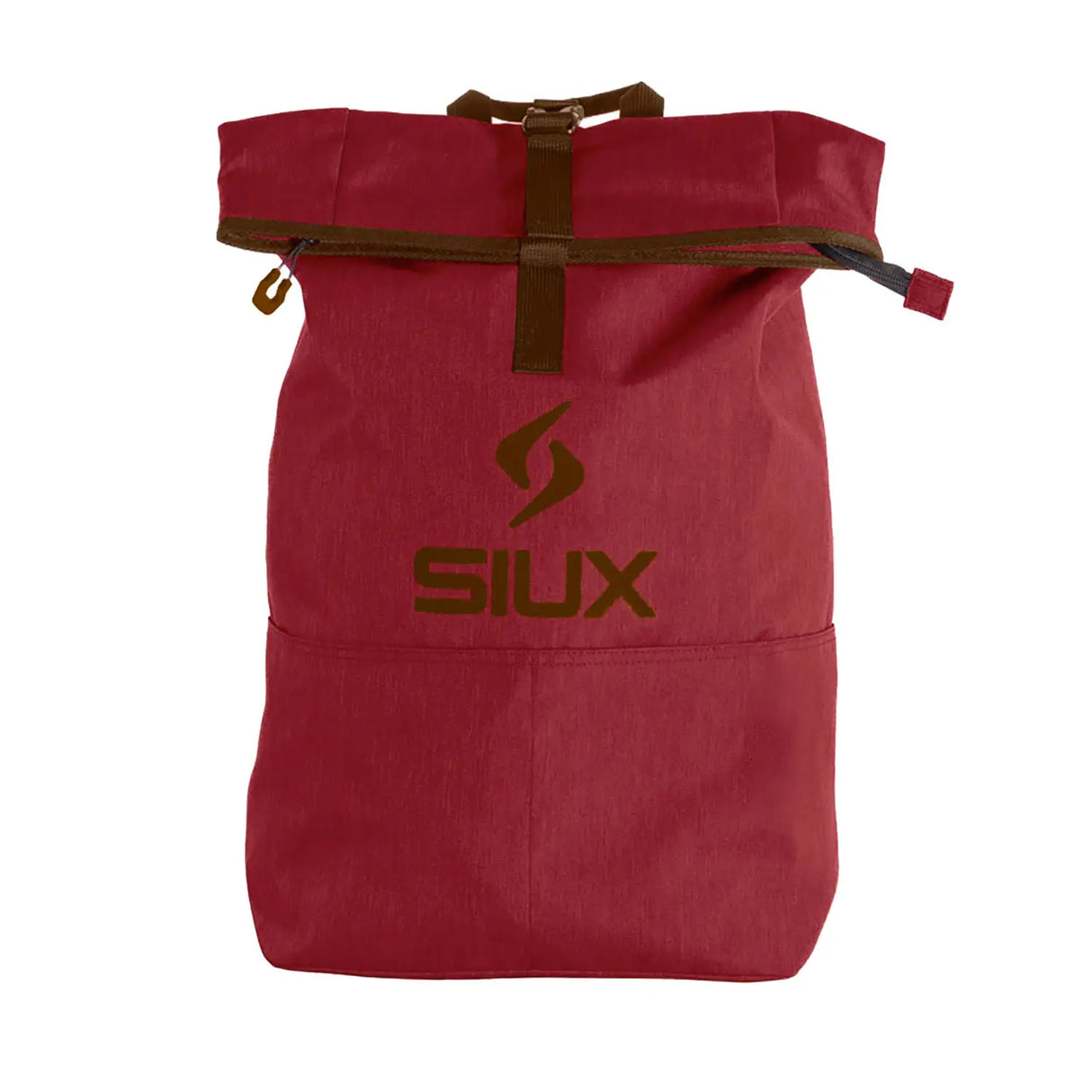 Red backpack with brown accents and 'SIUX' logo on a white background