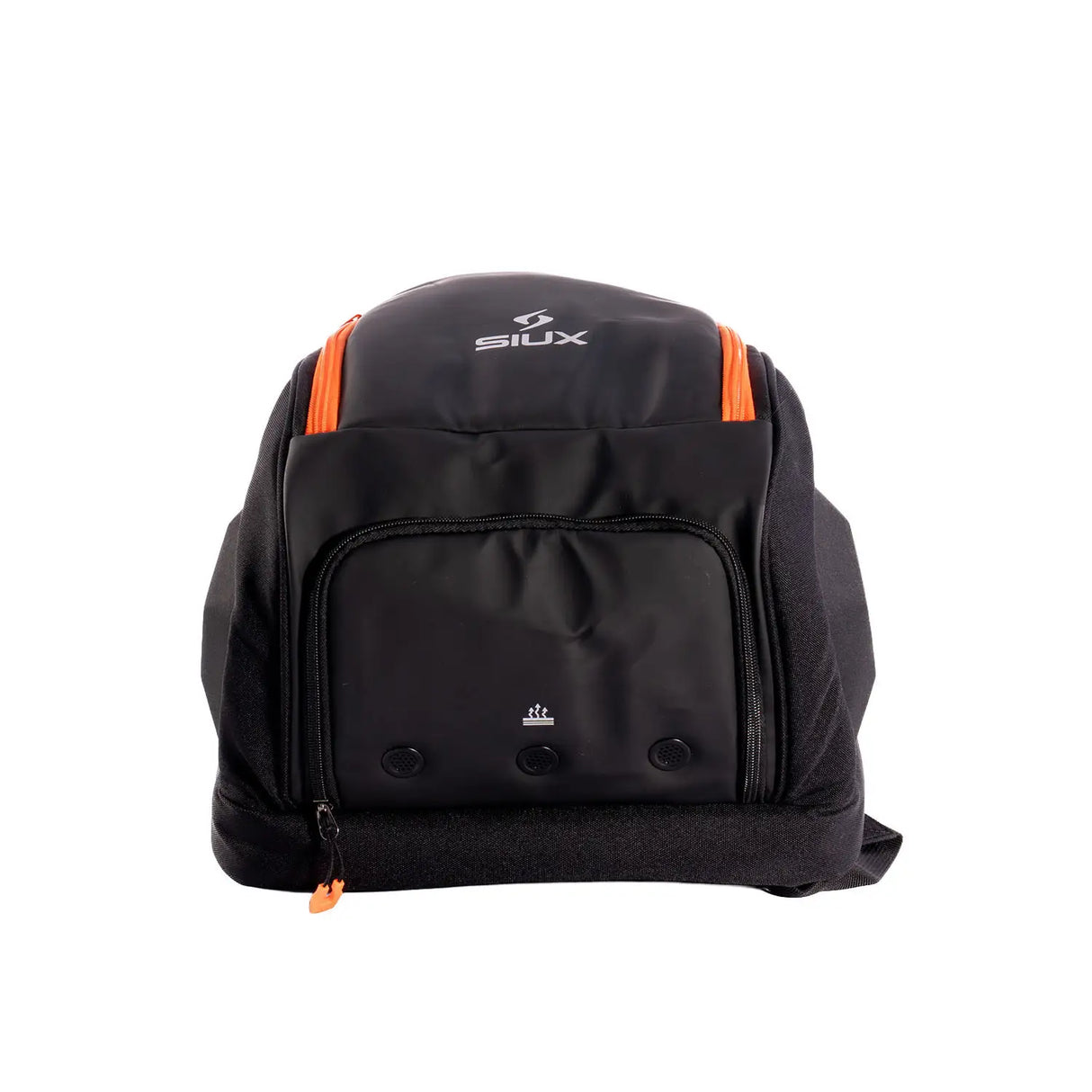 Black backpack with orange accents on a white background