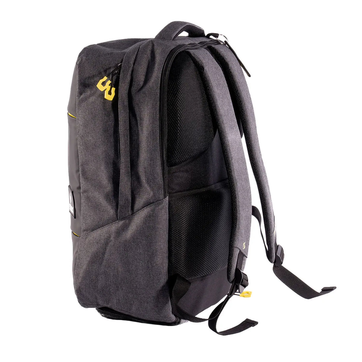 Gray backpack with a yellow logo on a white background