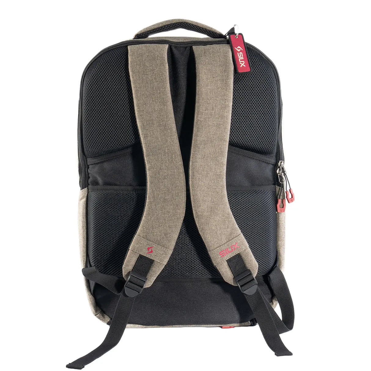 Backpack with gray straps and black body on a white background