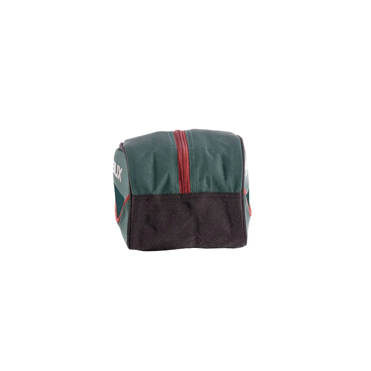 Green and black bag with red accents on a white background
