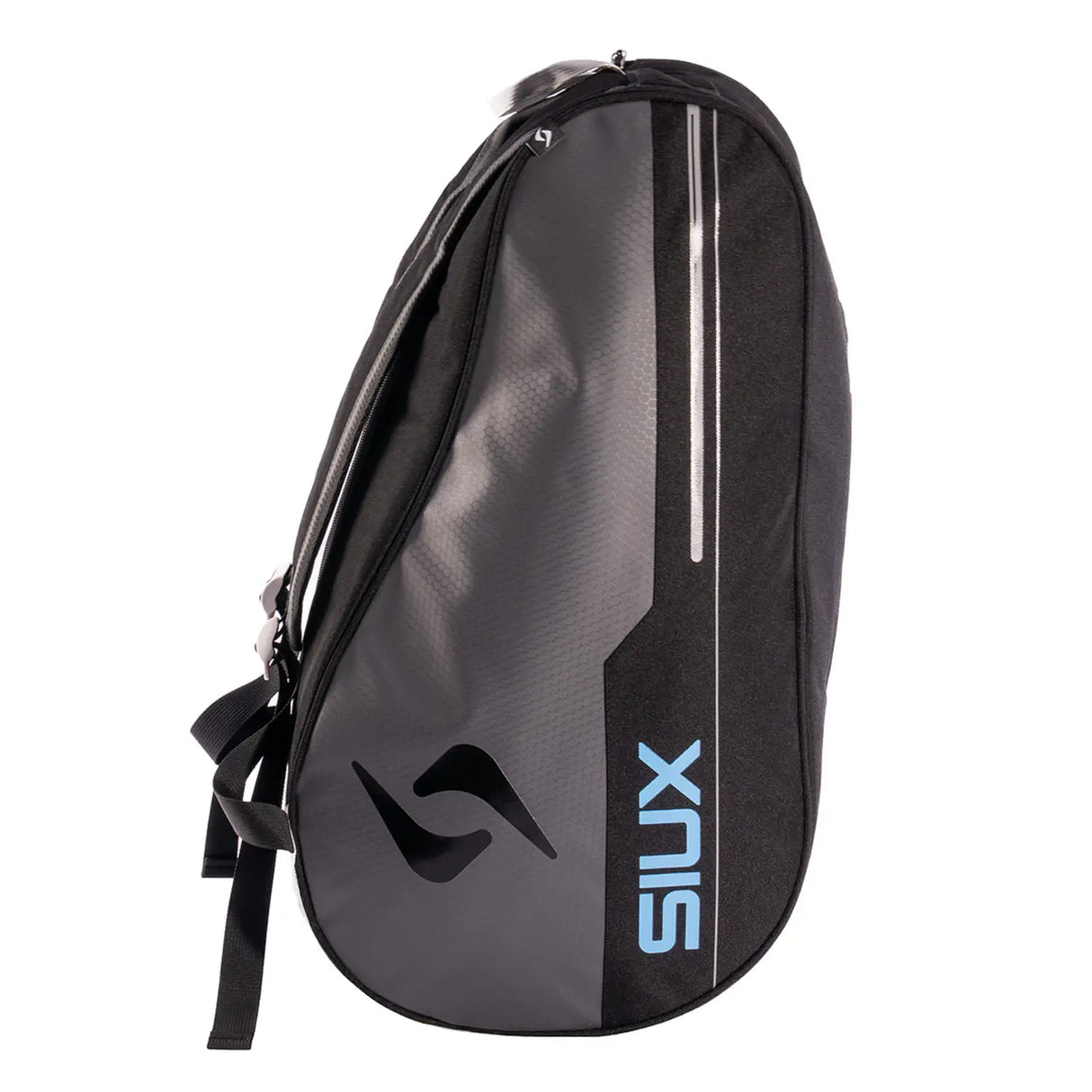 Black and gray sports bag with a brand logo on a white background