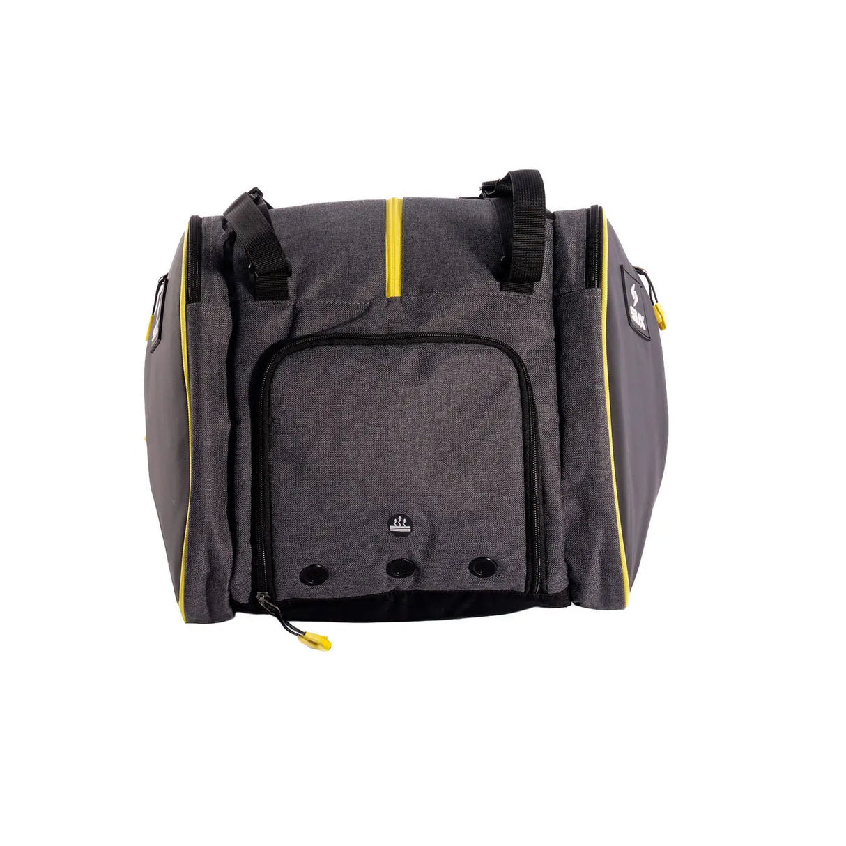 Gray pet carrier with yellow accents on a white background