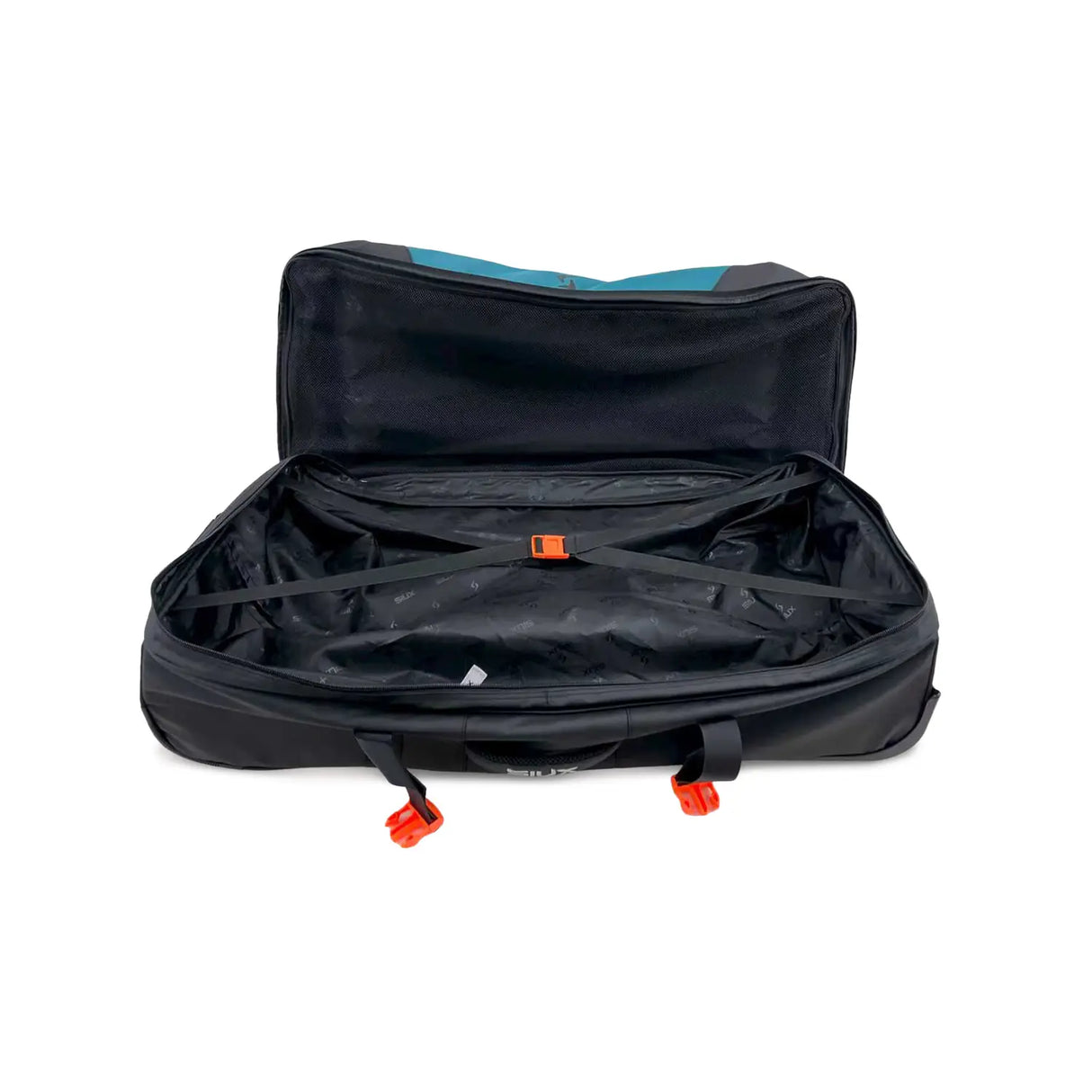 Black travel bag with orange zippers on a white background