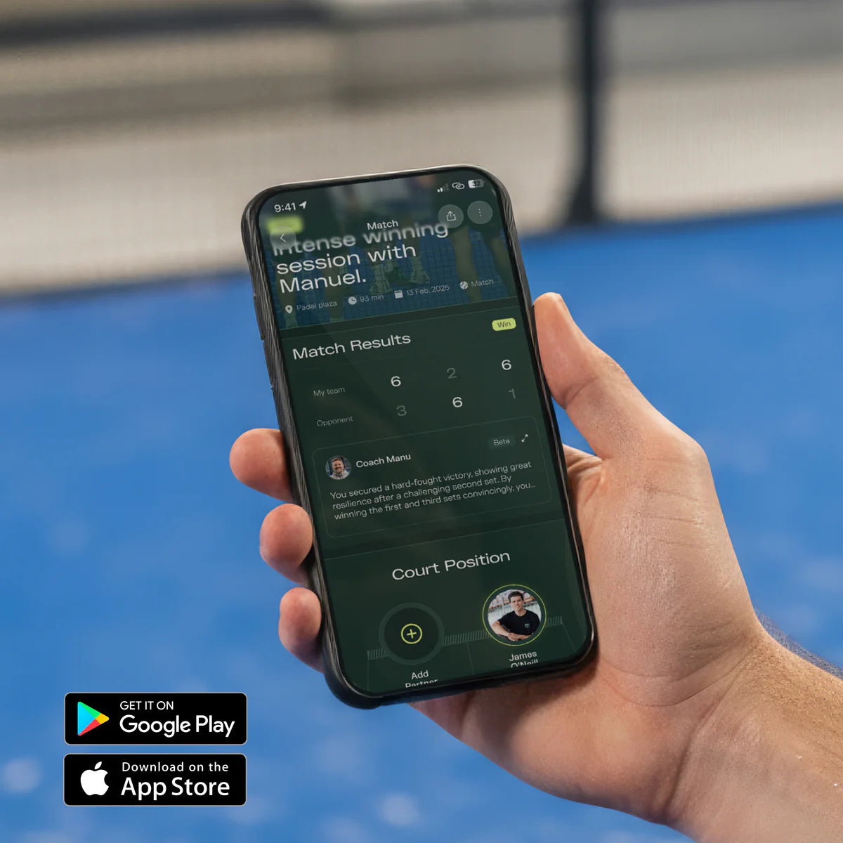 Hand holding a smartphone displaying a sports app with a blurred background