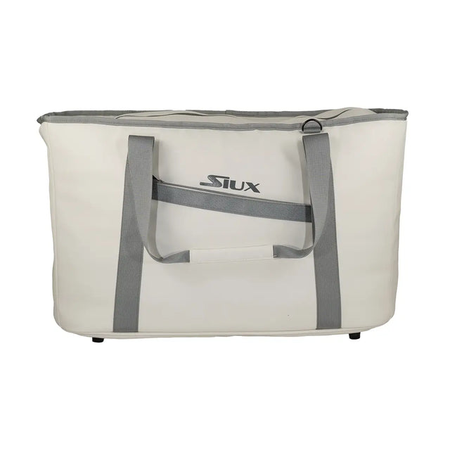 White cooler bag with gray handles and Siux logo on a white background