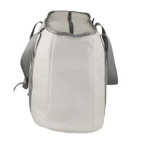 Light gray backpack with a mesh back panel on a white background