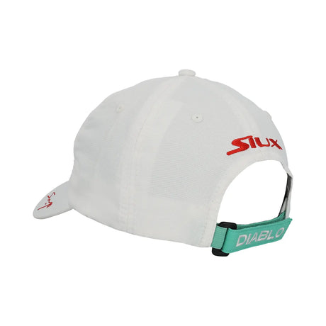 White cap with red logo and green strap on a white background