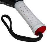 Close-up of a tennis racket handle with white grip and red accent