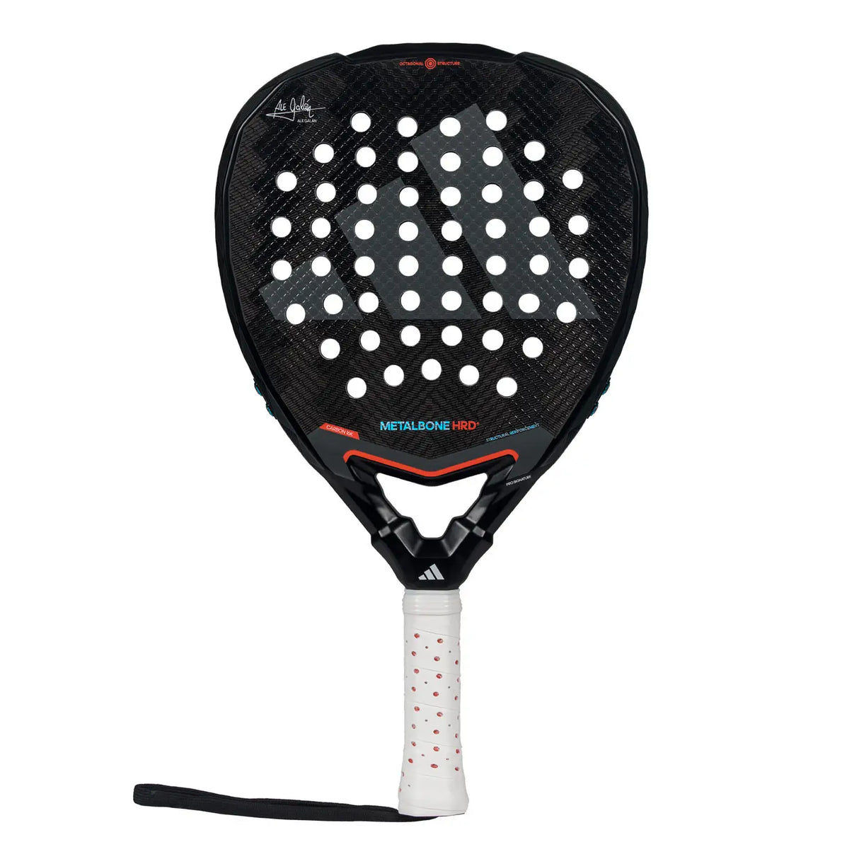 Black and white racket with visible branding on a white background