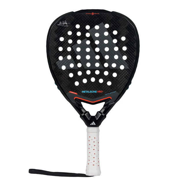 Black and white racket with visible branding on a white background