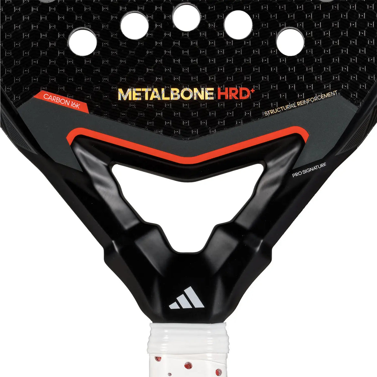 Close-up of a black and red sports paddle with 'Metalbone HRD' branding on a white background.