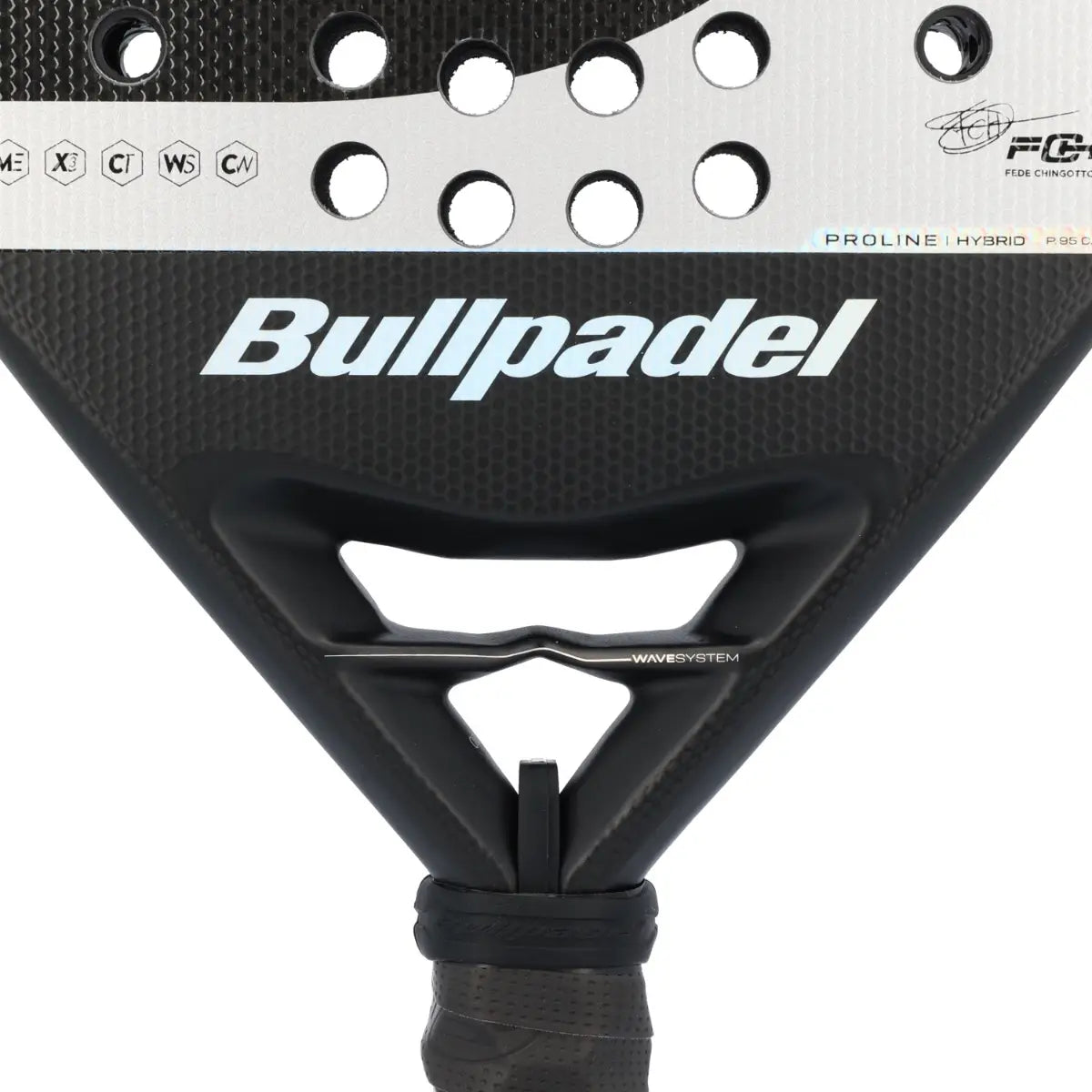 Close-up of a Bullpadel paddle with branding and text on a white background