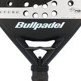 Close-up of a Bullpadel paddle with branding and text on a white background