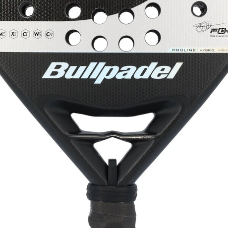 Close-up of a Bullpadel paddle with branding and text on a white background