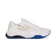 White athletic shoe with blue sole on a white background