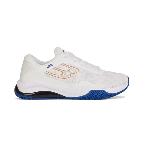 White athletic shoe with blue sole on a white background