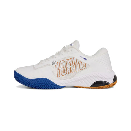 White sports shoe with blue sole and orange text on a white background