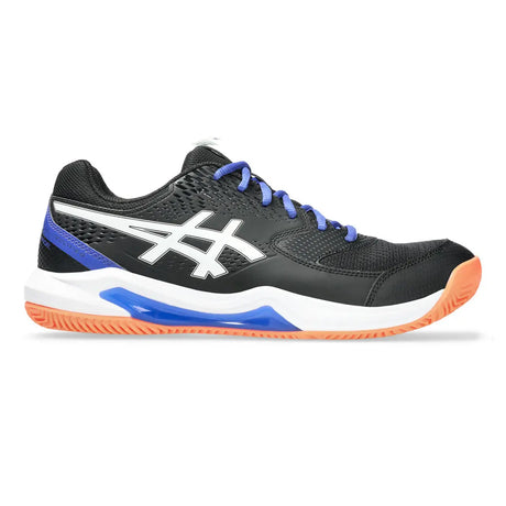 Black and blue athletic shoe with orange sole on a white background