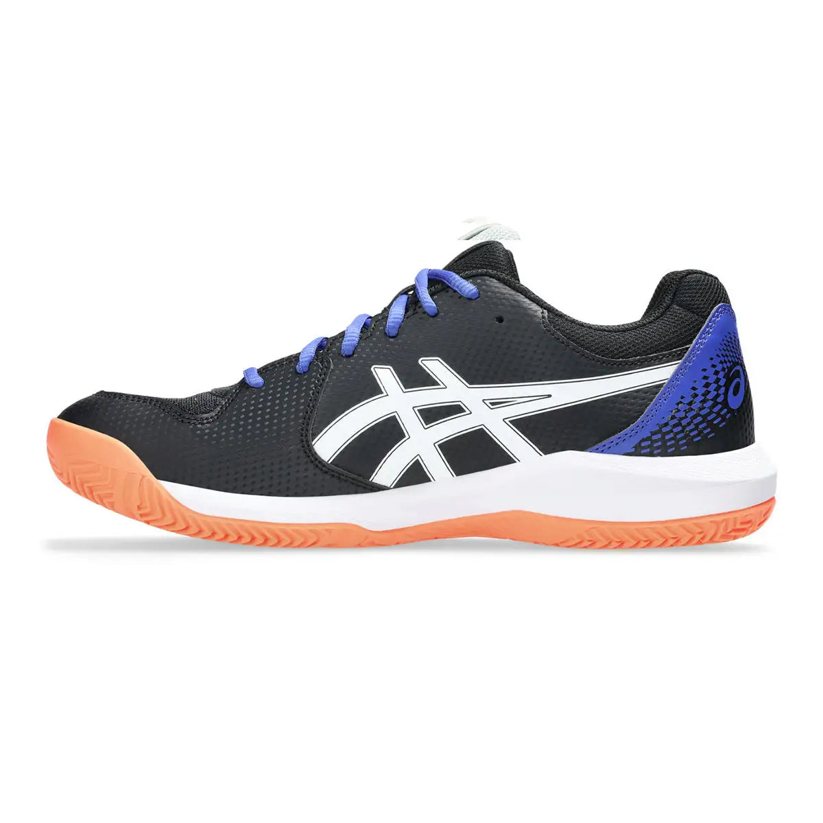 Black and blue athletic shoe with orange sole on a white background