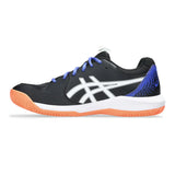 Black and blue athletic shoe with orange sole on a white background