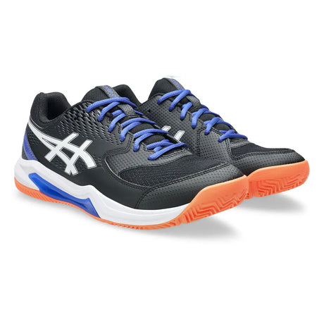 Black sports shoes with blue laces and orange soles on a white background