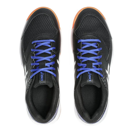 Black athletic shoes with blue laces on a white background